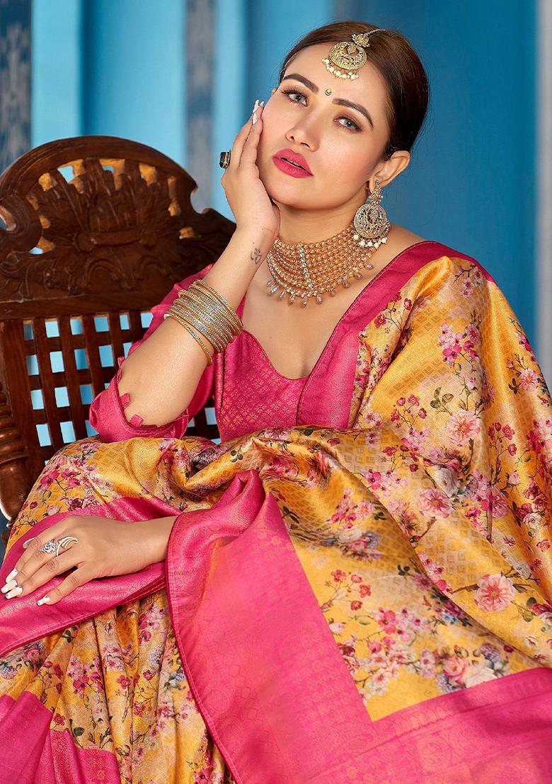 Pink Kalamkari Floral Pure Silk Kanjeevaram Zari Saree Set