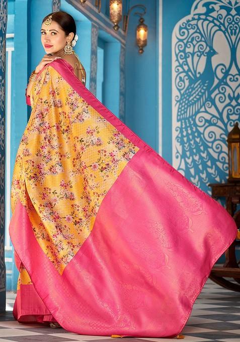 Pink Kalamkari Floral Pure Silk Kanjeevaram Zari Saree Set