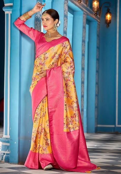 Pink Kalamkari Floral Pure Silk Kanjeevaram Zari Saree Set