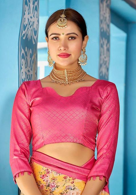 Pink Kalamkari Floral Pure Silk Kanjeevaram Zari Saree Set