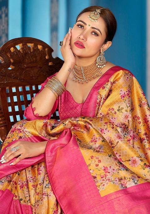 Pink Kalamkari Floral Pure Silk Kanjeevaram Zari Saree Set