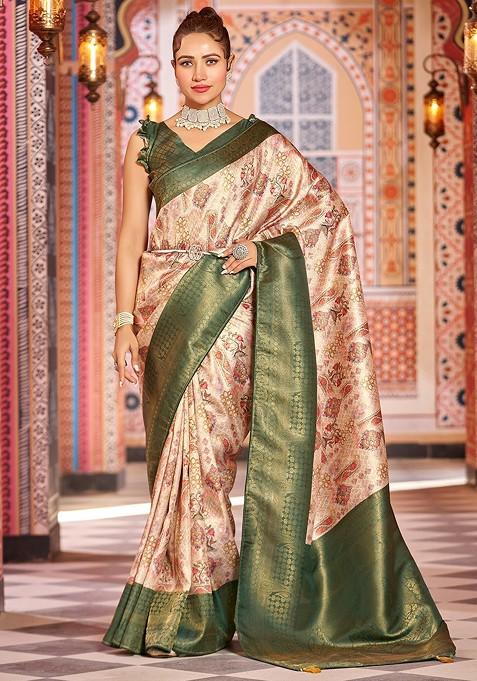 Green Kalamkari Pure Silk Kanjeevaram Zari Saree Set