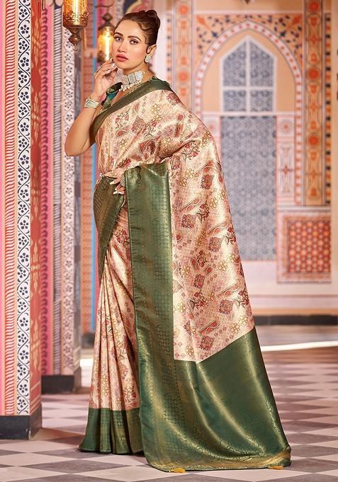 Green Kalamkari Pure Silk Kanjeevaram Zari Saree Set