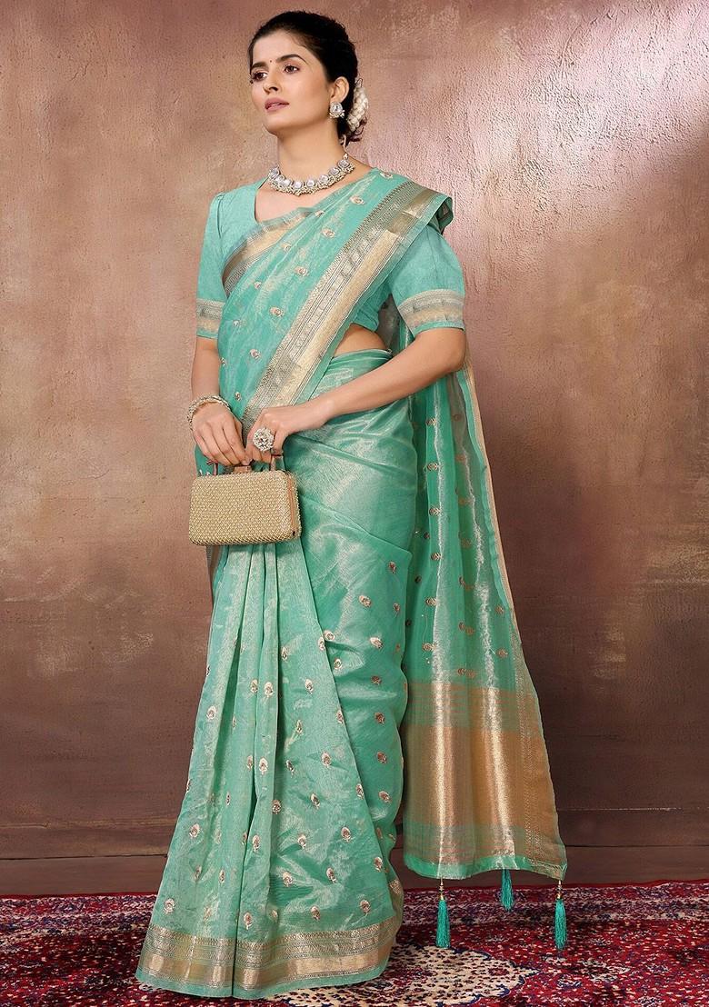 Blue Floral Embroidered Silk Cotton Chanderi Zari Saree Set