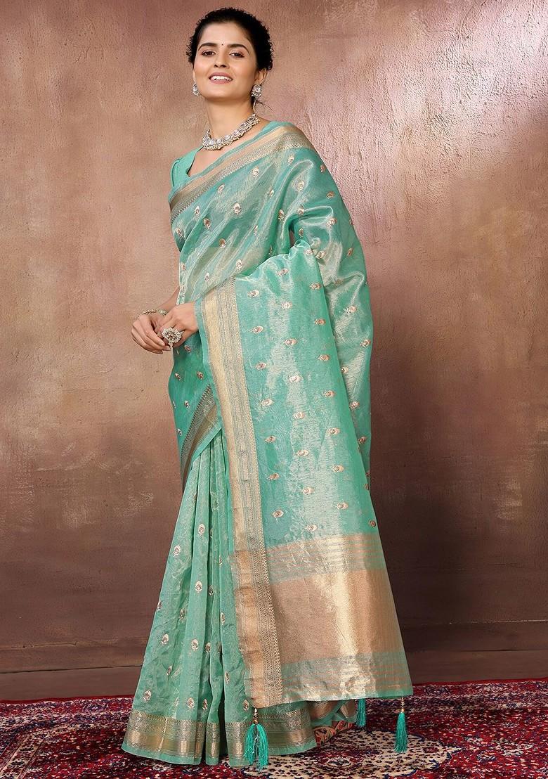 Blue Floral Embroidered Silk Cotton Chanderi Zari Saree Set