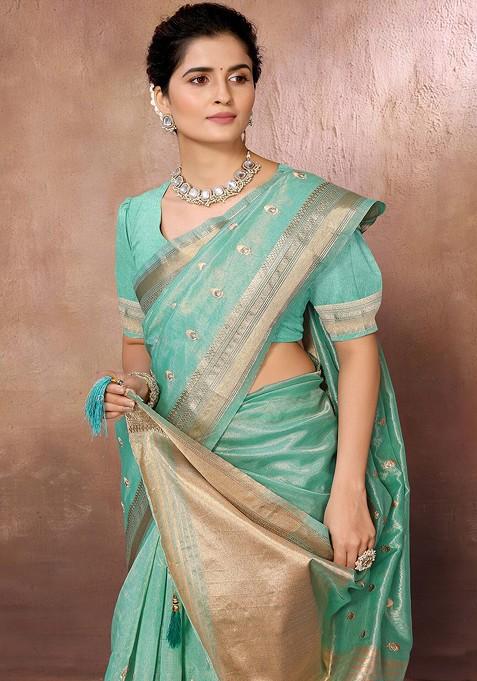 Blue Floral Embroidered Silk Cotton Chanderi Zari Saree Set