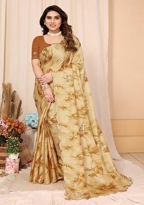Mustard Floral Embroidered Silk Cotton Saree Set