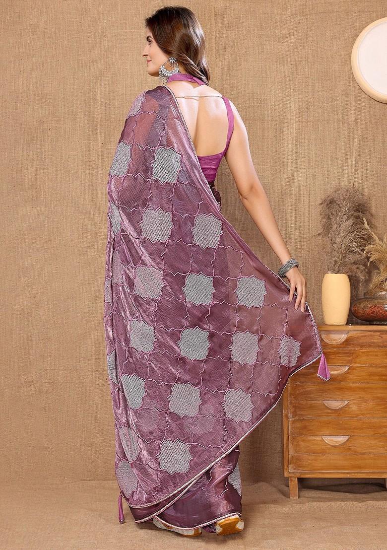 Purple Ethnic Motifs Sequin Embroidered Organza Saree Set