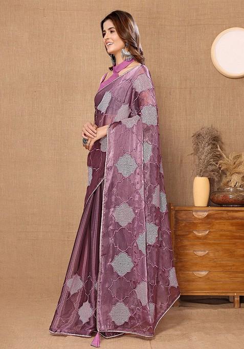 Purple Ethnic Motifs Sequin Embroidered Organza Saree Set