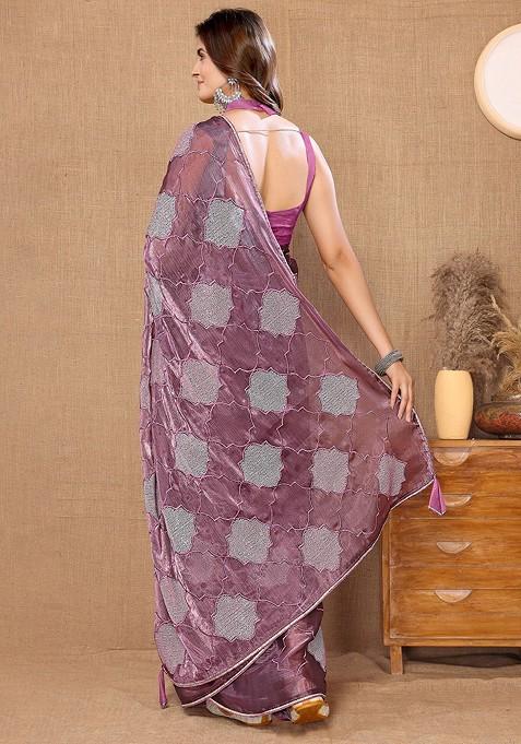 Purple Ethnic Motifs Sequin Embroidered Organza Saree Set