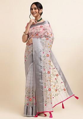 Grey Embroidered Organza Saree Set