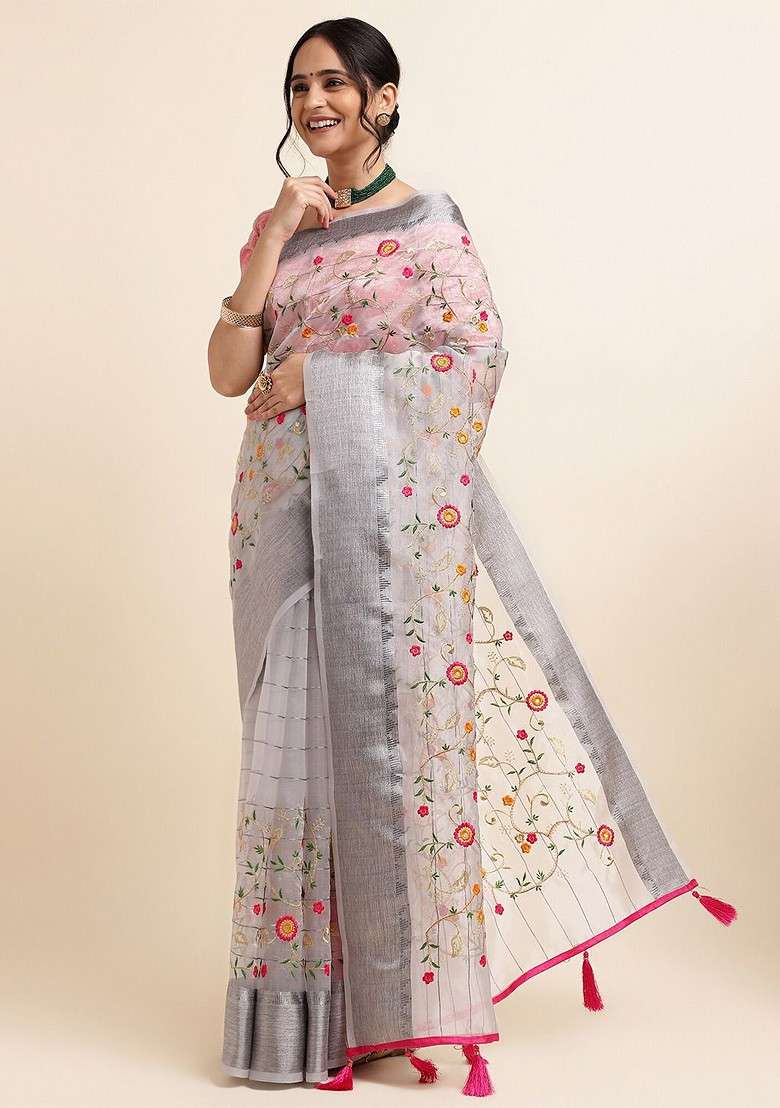 Grey Embroidered Organza Saree Set - Indya