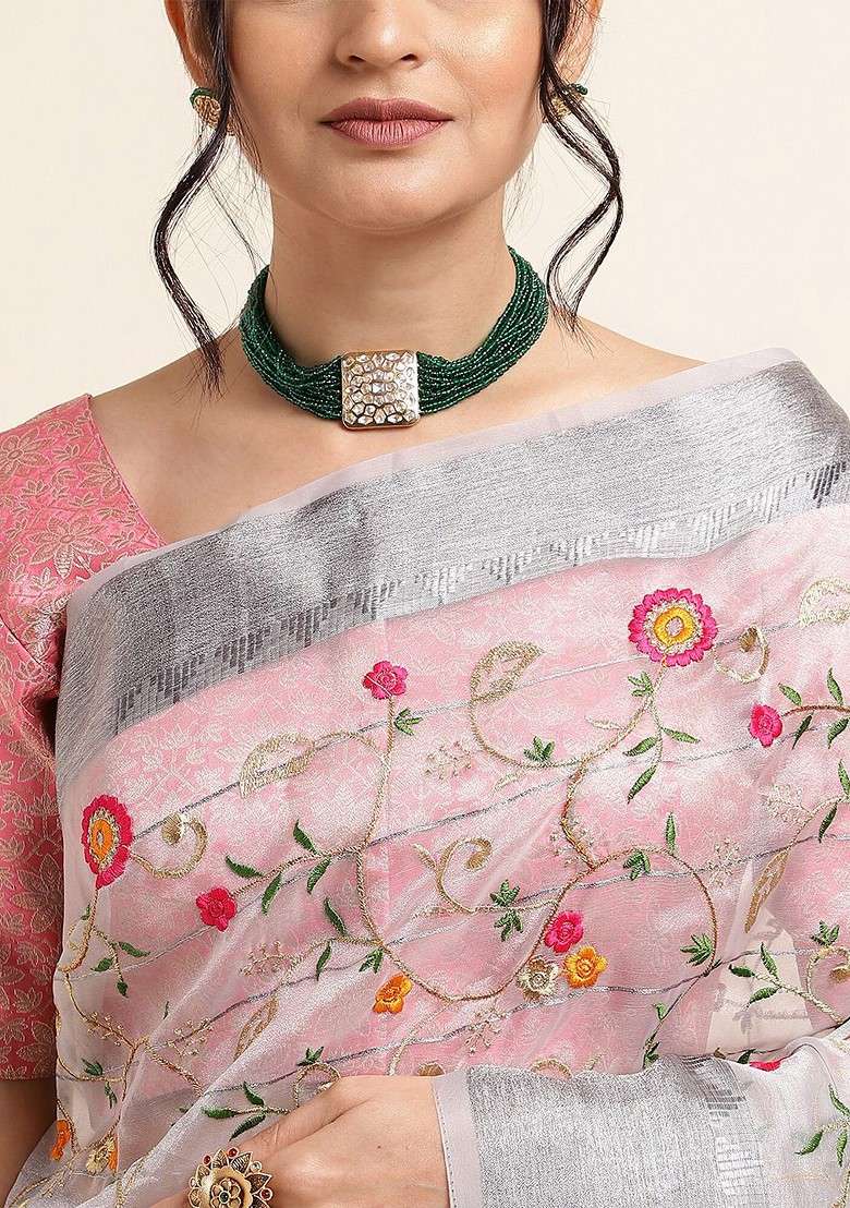 Grey Embroidered Organza Saree Set - Indya