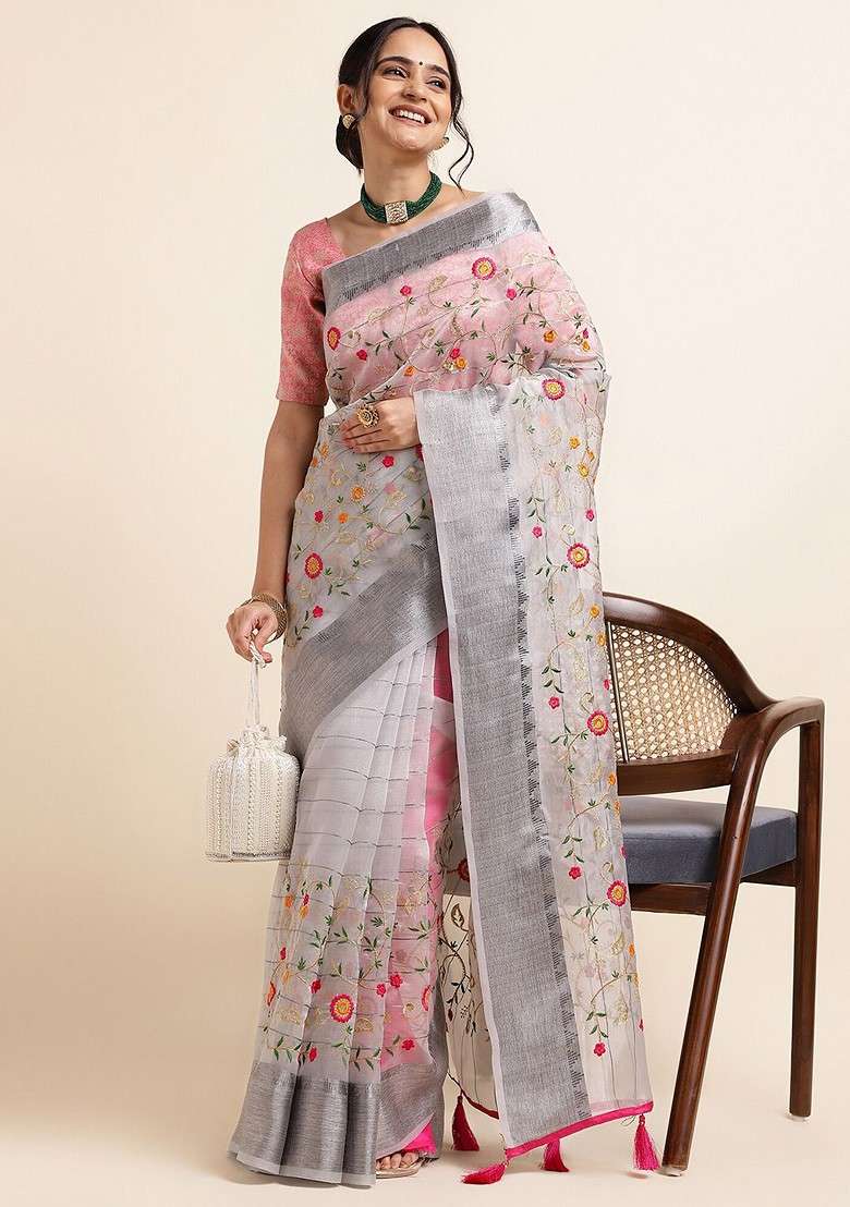 Grey Embroidered Organza Saree Set - Indya