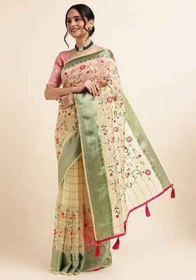 Beige Beige Embellished Embroidered Organza Saree Set