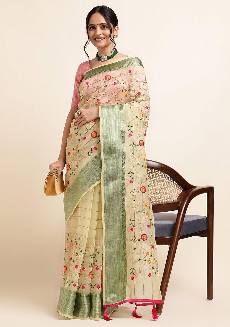 Beige Beige Embellished Embroidered Organza Saree Set - Indya