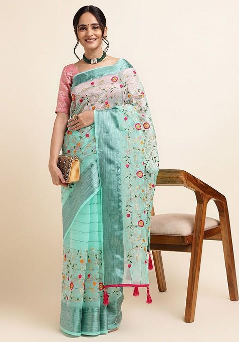 Blue Embroidered Organza Saree Set