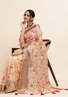 Peach Embroidered Organza Saree Set