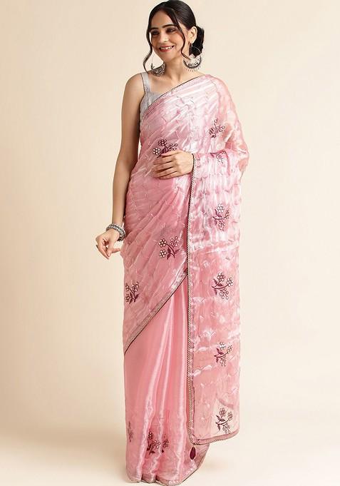 Peach Floral Embroidered Sequin Organza Saree Set