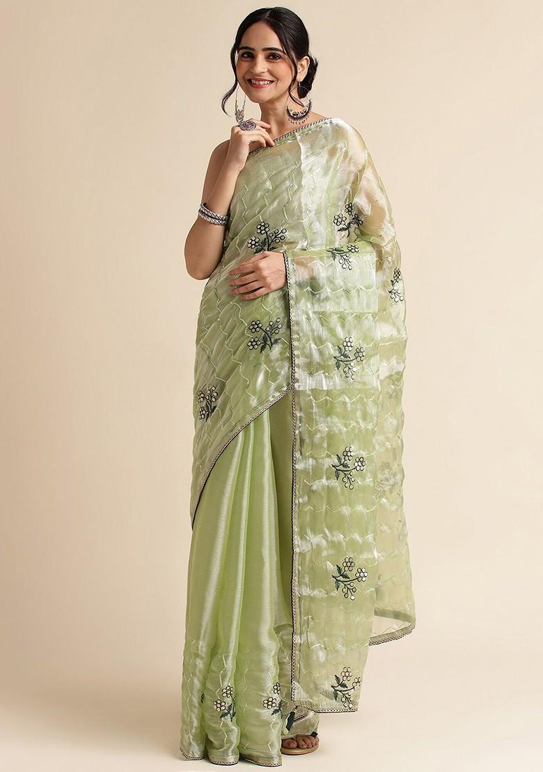 Green Floral Embroidered Sequin Organza Saree Set