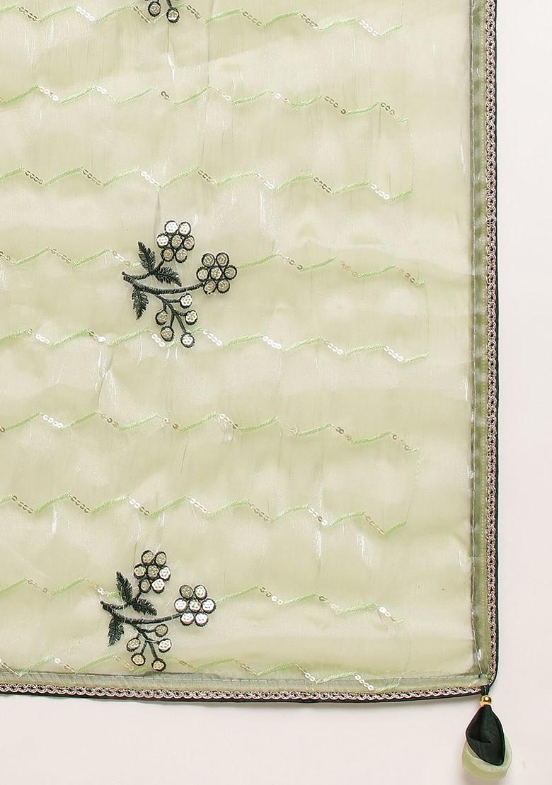 Green Floral Embroidered Sequin Organza Saree Set