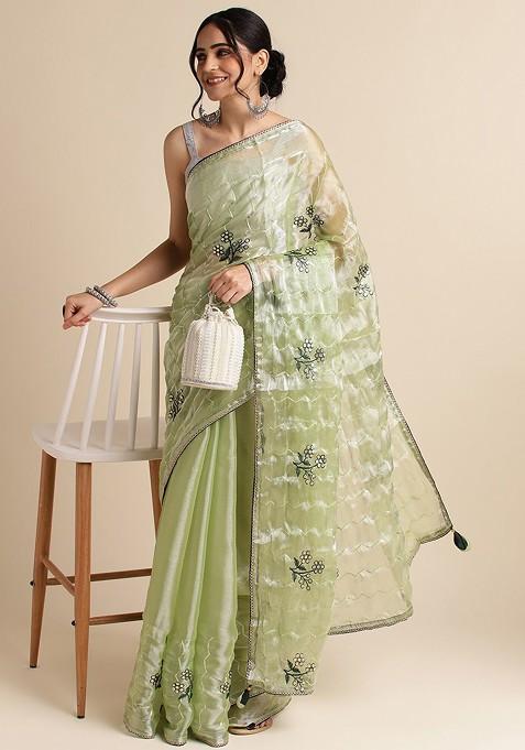 Green Floral Embroidered Sequin Organza Saree Set