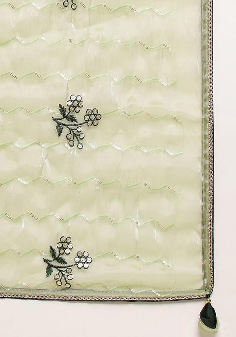 Green Floral Embroidered Sequin Organza Saree Set