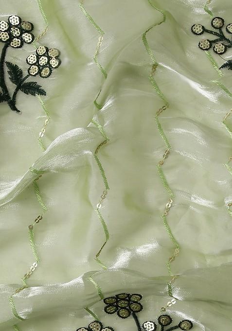 Green Floral Embroidered Sequin Organza Saree Set