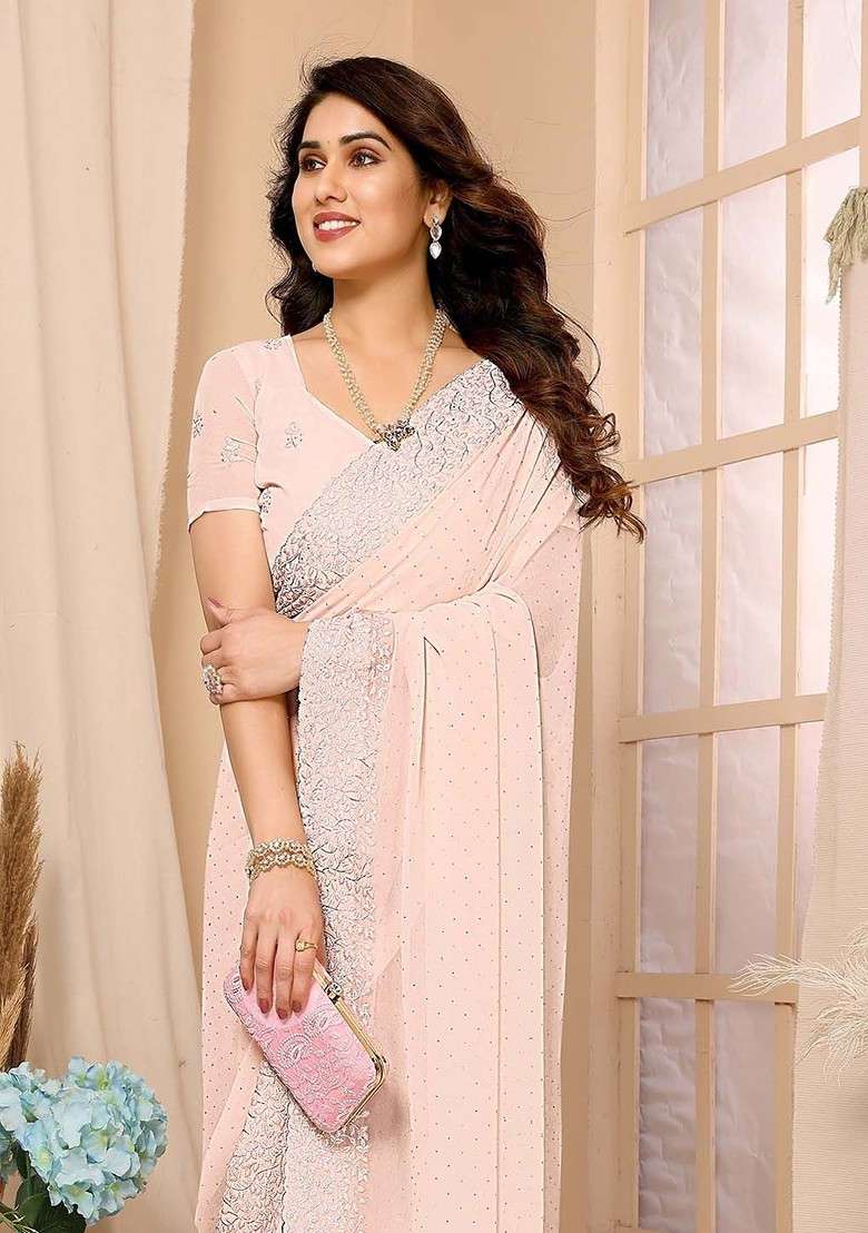 Peach Embellished Beads And Stones Saree Set - Indya