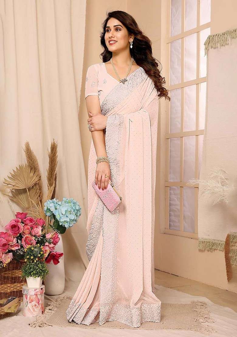 Peach Embellished Beads And Stones Saree Set - Indya