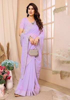 Lavender Floral Embellished Beads And Stones Saree Set