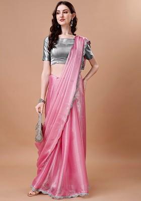 Pink Solid Embellished Saree Set