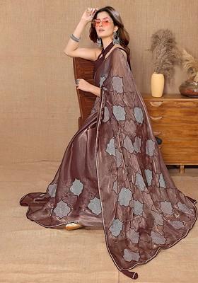 Brown Ethnic Motifs Embroidered Sequin Detailed Organza Saree Set