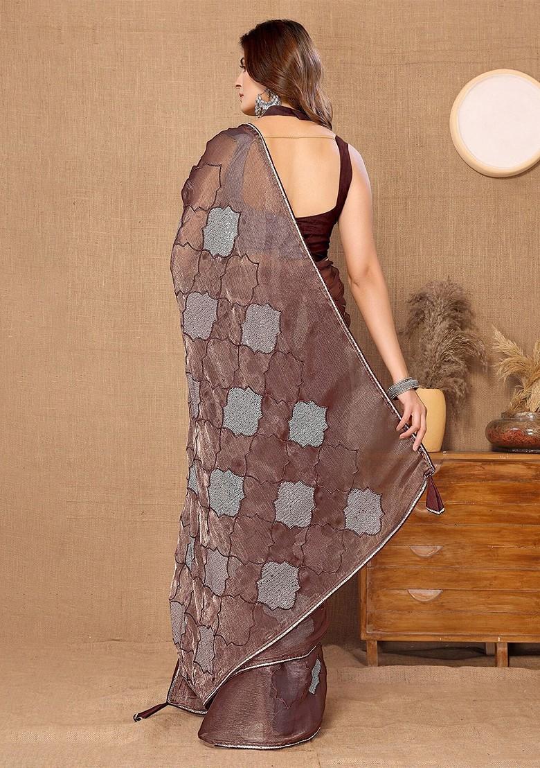 Brown Ethnic Motifs Embroidered Sequin Detailed Organza Saree Set