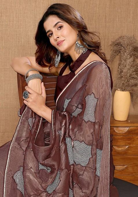 Brown Ethnic Motifs Embroidered Sequin Detailed Organza Saree Set