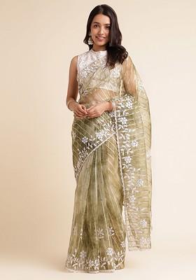 Green Floral Embroidered Organza Saree Set