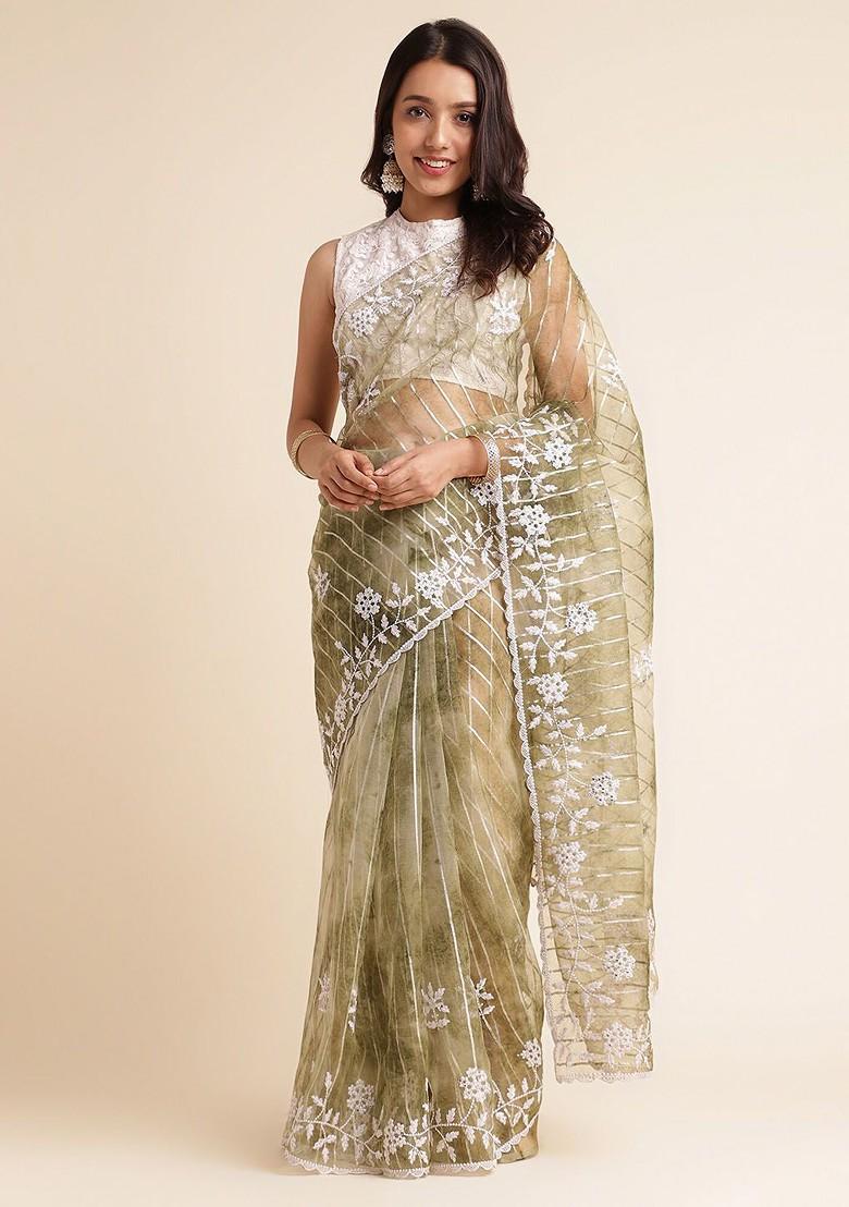Green Floral Embroidered Organza Saree Set