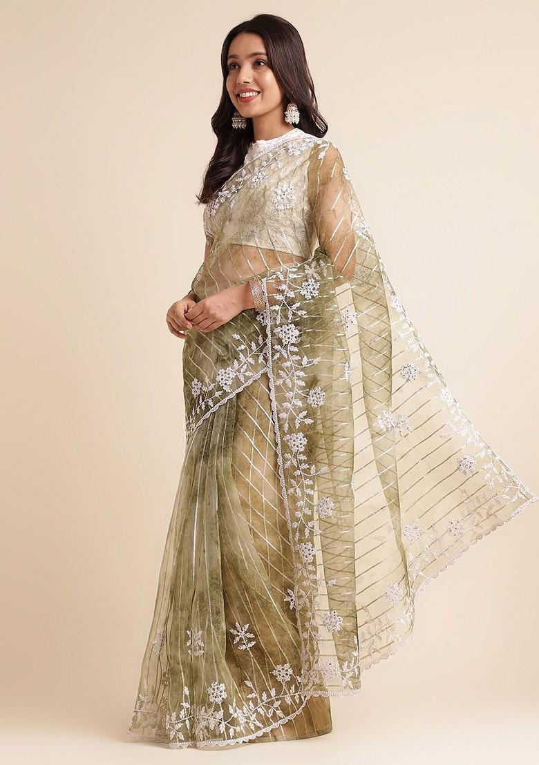 Green Floral Embroidered Organza Saree Set