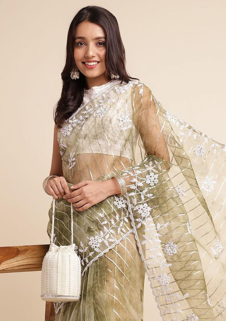 Green Floral Embroidered Organza Saree Set