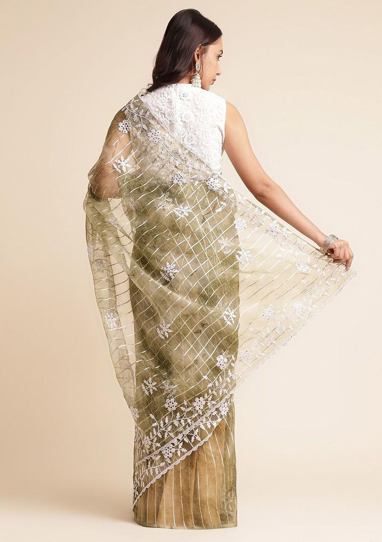 Green Floral Embroidered Organza Saree Set