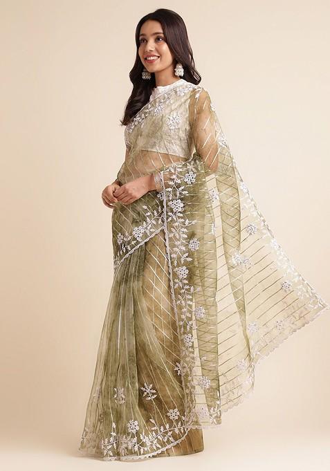 Green Floral Embroidered Organza Saree Set