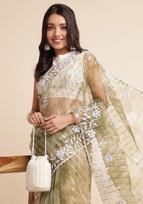 Green Floral Embroidered Organza Saree Set