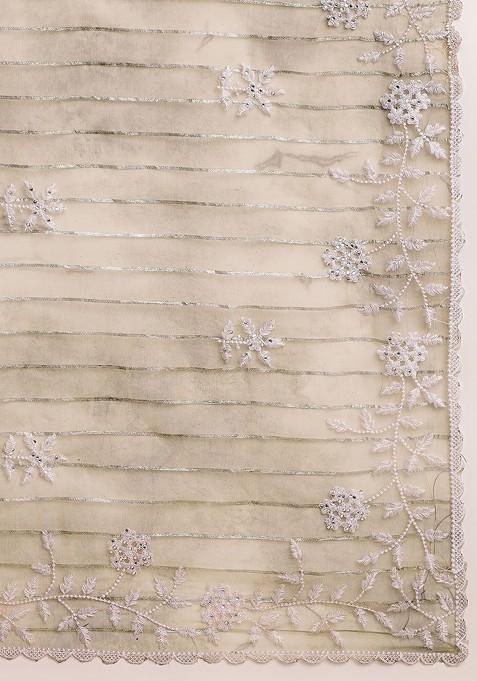 Green Floral Embroidered Organza Saree Set