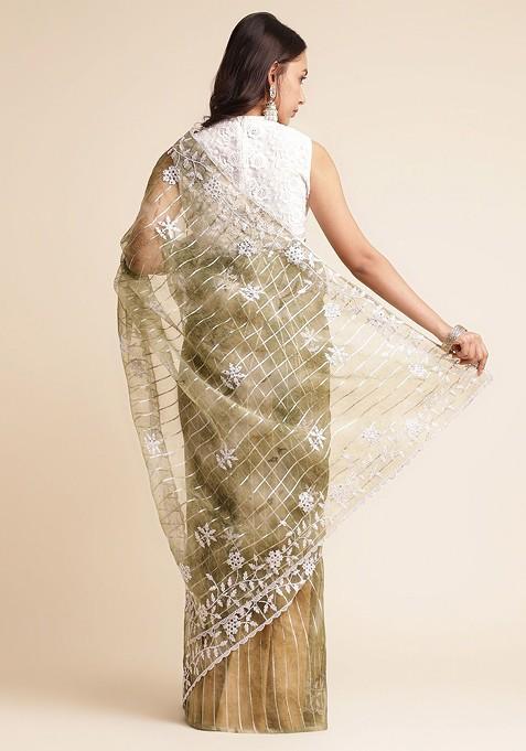 Green Floral Embroidered Organza Saree Set