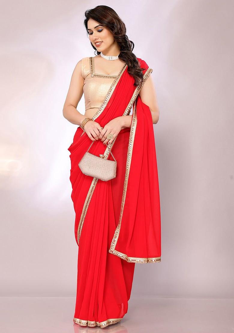 Red Women Embellished Border Pure Georgette Saree Set