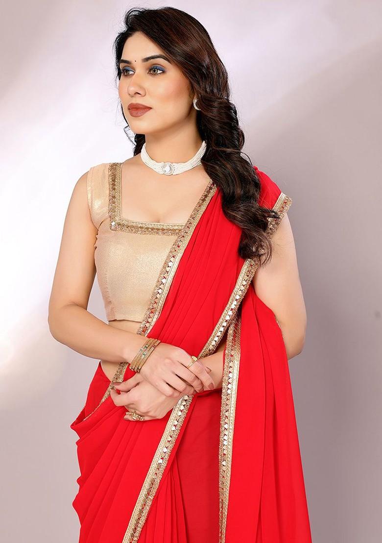 Red Women Embellished Border Pure Georgette Saree Set