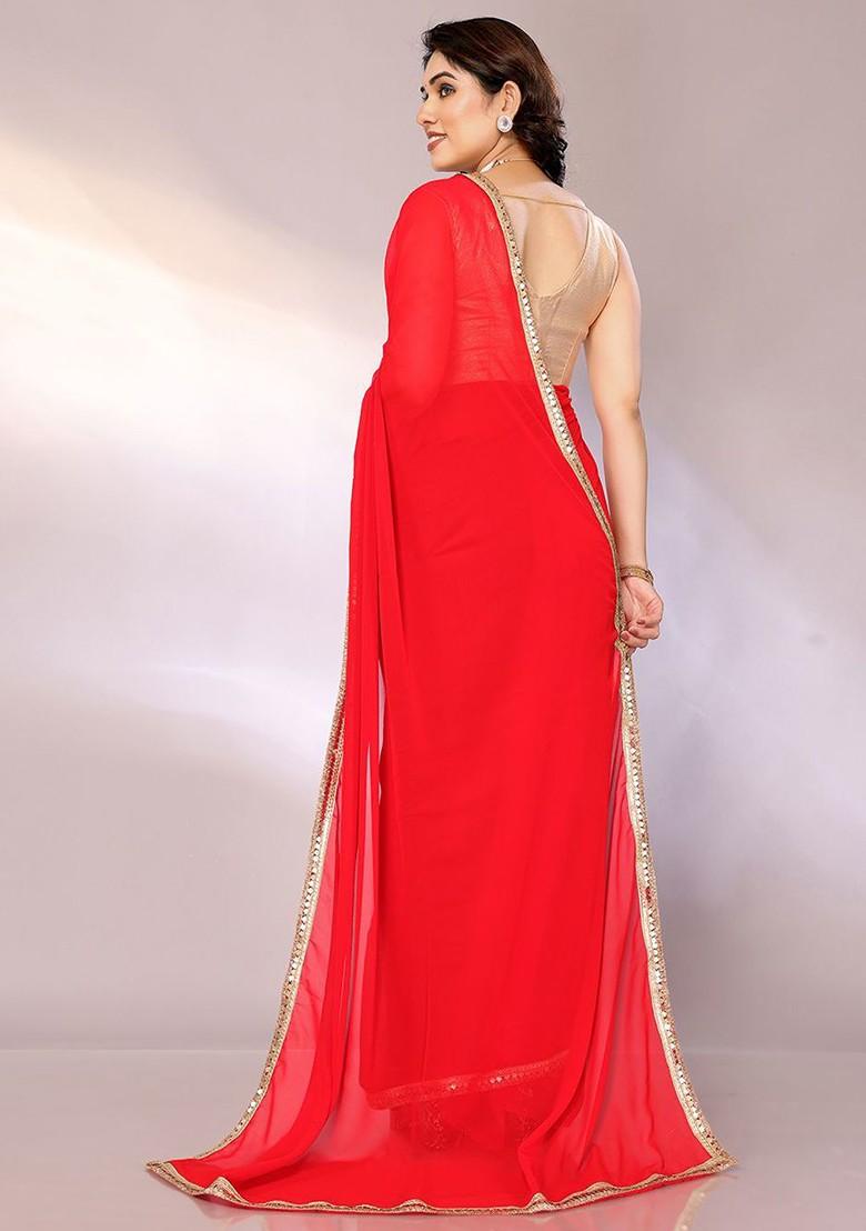 Red Women Embellished Border Pure Georgette Saree Set