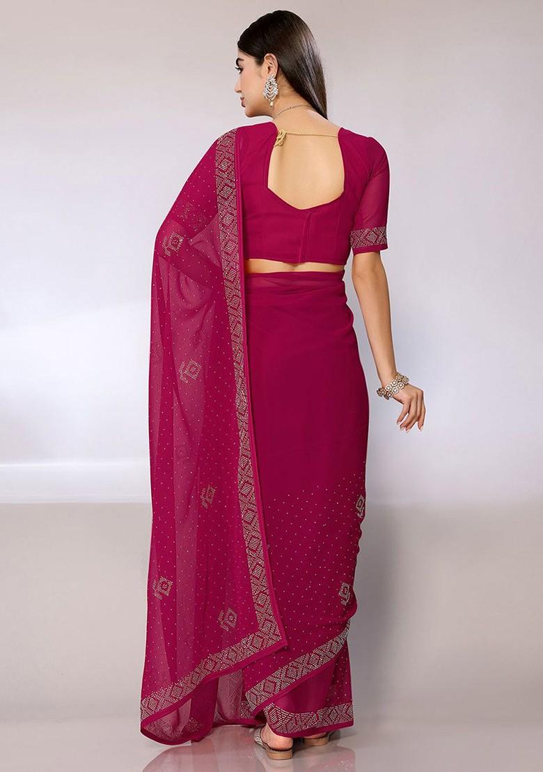 Pink Beads And Stones Embellished Geometric Saree Set
