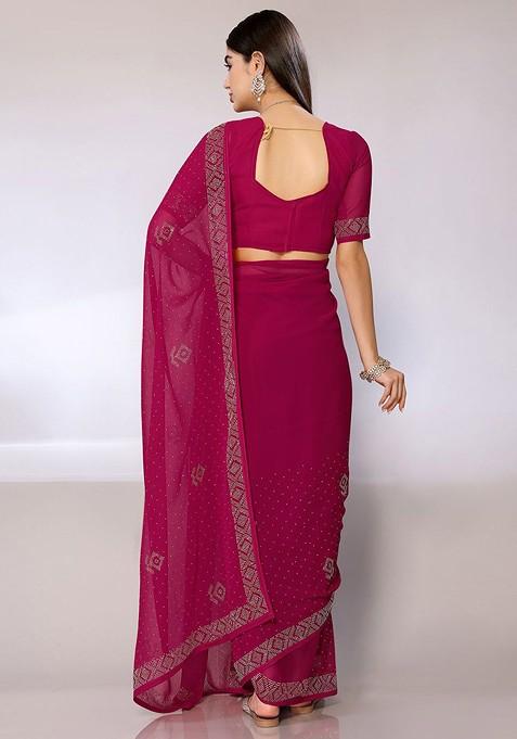 Pink Beads And Stones Embellished Geometric Saree Set