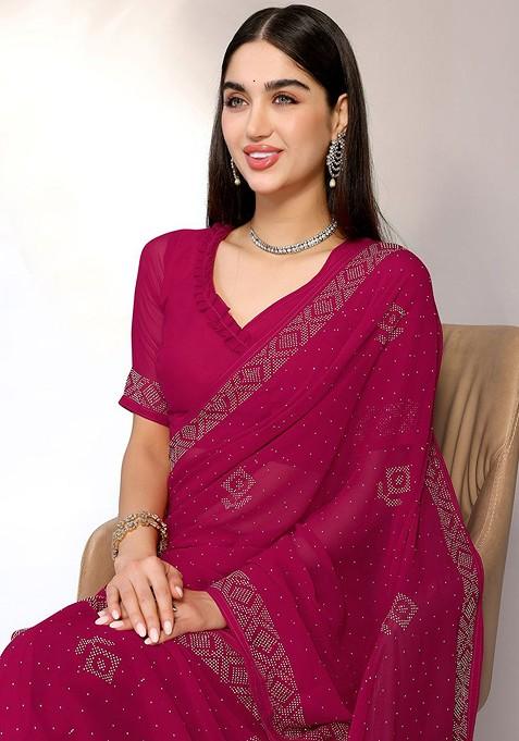 Pink Beads And Stones Embellished Geometric Saree Set